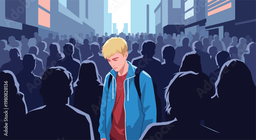 Sad teenage boy with blonde hair standing in a dark crowd of silhouettes in an urban environment looking lonely and lost.