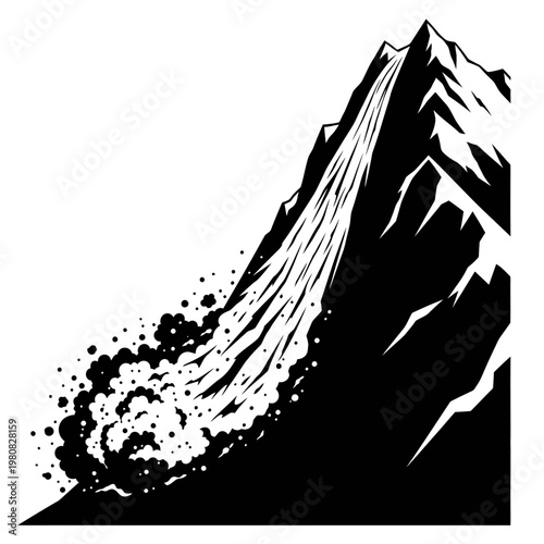Avalanche occurs on snowy mountain slope rapidly