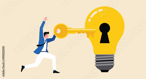 Businessman in blue suit inserting a golden key into a large light bulb keyhole representing creative problem solving and innovative discovery.