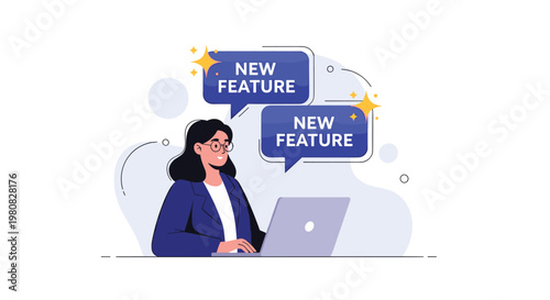 Professional woman working on her laptop with speech bubbles showing new feature notifications and bright yellow stars.