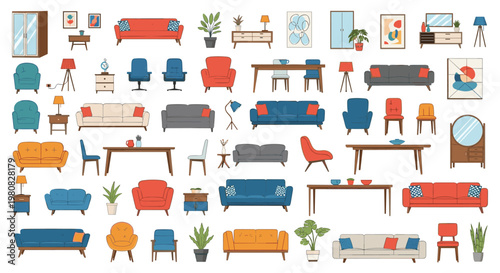 Large assortment of modern furniture icons including sofas chairs tables lamps and cabinets for interior design and decor.