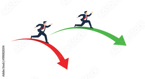 Two businessmen running on curved arrows with one heading towards success on green and another towards failure on red.