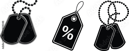 Black and white silhouette of three dog tags with percentage sign