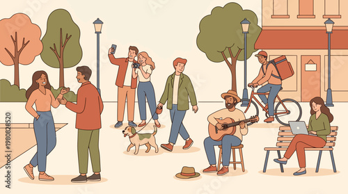 Urban Social Interaction Scene with People Relaxing Walking and Playing Music