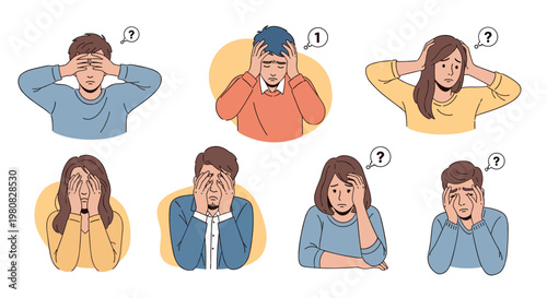 Diverse group of people showing signs of stress and headache while holding their heads with question mark icons above them.
