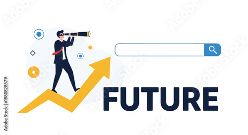Forward thinking businessman looking through a telescope while walking on a rising arrow towards the word future on white.