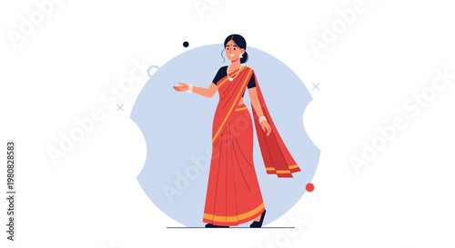 Traditional Indian woman wearing a vibrant red and orange sari standing gracefully against a soft blue circular background.