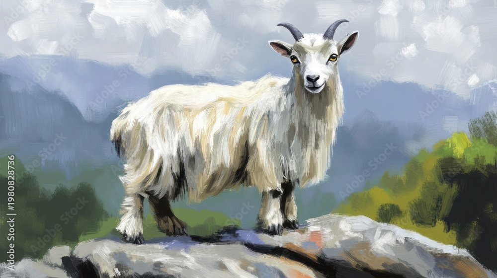 Obraz premium Pygmy Goat Standing on Rocks in Mountain Landscape