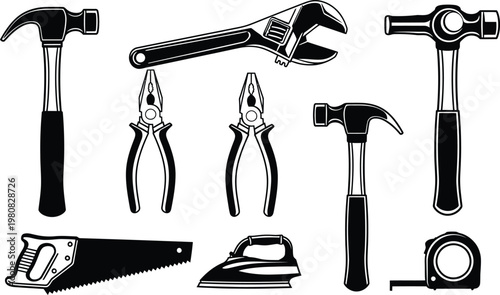 Black and white silhouette of various hand tools on a white background