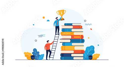 Two collaborative men using a ladder and building a massive stack of books to reach a golden first place trophy at the top.