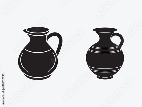 Two black and white illustrations of ancient clay jugs with handles and decorative lines on a light gray background