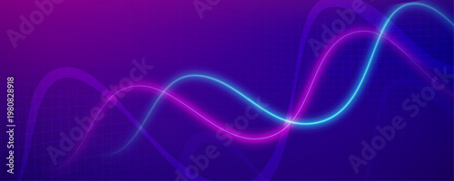 Futuristic neon pink and cyan waves on purple grid background