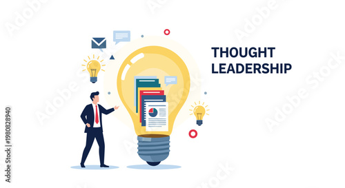 Professional man in a suit pointing towards a massive lightbulb containing various data documents and labeled thought leadership.