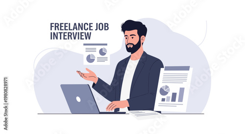 Freelance Job Interview: Man in Suit Discussing Business Charts on Laptop