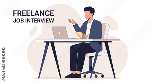 Freelance Job Interview: Man in Suit Discussing with Laptop and Tablet