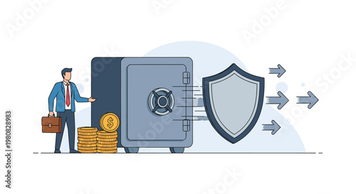 Businessman standing next to a large metal safe with a protective shield and arrows pointing towards a secure future path.