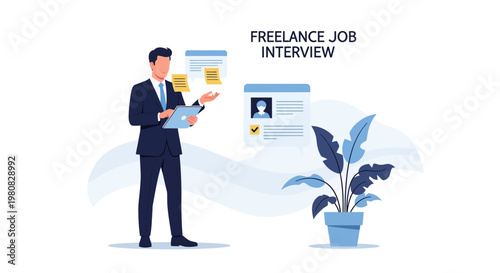 Freelance Job Interview: Man in Suit with Tablet Discussing Candidates