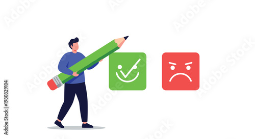 Man holding a giant green pencil while selecting a happy green checkmark box instead of a sad red cross box for feedback.