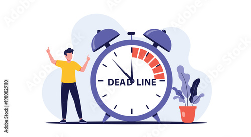 Young man standing in a workspace next to a giant purple alarm clock with the word deadline displayed on its circular face.