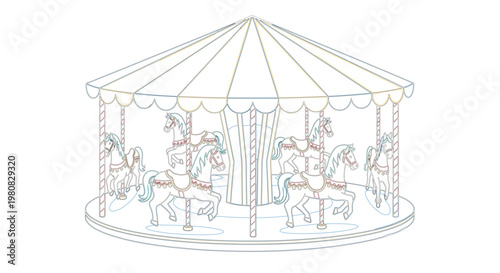 Classic carnival carousel vector with colorful horses and striped tent for fairground and circus design