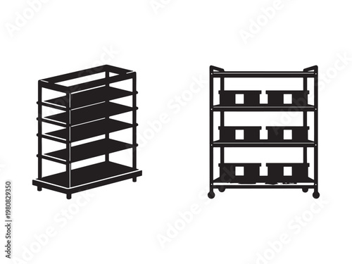 Two black metal shelving units with multiple levels for storage and organization purposes