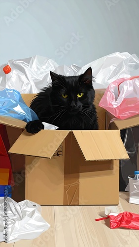 A black cat sits in a cardboard box amidst plastic bags