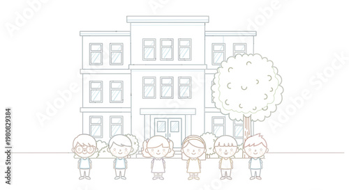 Cute and Happy School Kids Group with Saturated Colors Standing in Front of a Building for Educational and Children Designs