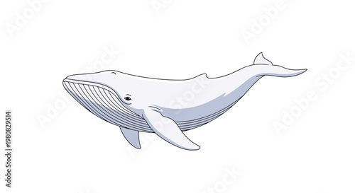 Minimalist illustration of a large blue whale swimming gracefully in a white void capturing the majestic nature of marine life in a simple style.