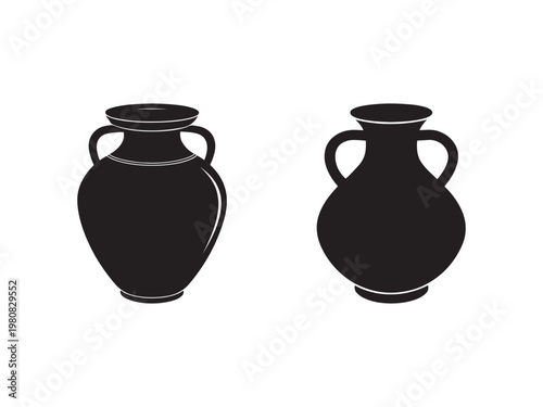 Two black silhouette vases with handles on white background  graphic illustration