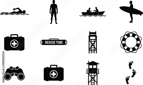 Beach safety icons, lifeguard silhouettes, rescue tube, swimming figure, surfboard pose, first aid kit, tower, preserver, binoculars, footprints