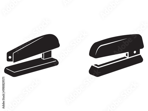 Two black staplers on white background  office supplies  stapling tools