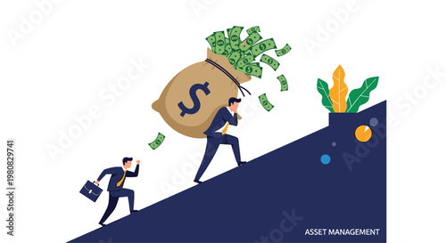 Business team carrying heavy bags of money up a steep slope representing wealth accumulation asset management and financial success strategies.