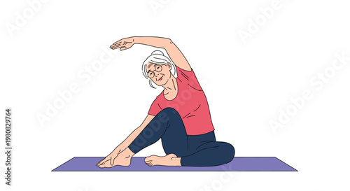 Active senior woman wearing glasses practicing yoga and stretching on a purple mat promoting health wellness and flexibility in later stages of life.