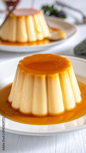 A creamy dessert with caramel sauce on a white plate