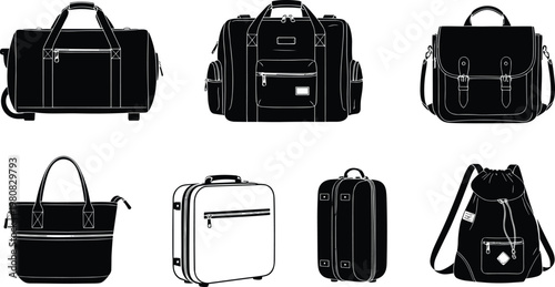 “Duffel bags, travel backpack, suitcase, tote, satchel, drawstring bag, luggage vector silhouette”