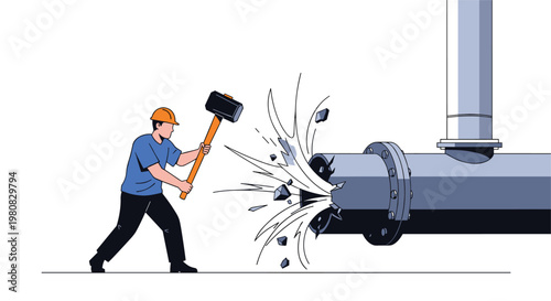 Construction worker in a hard hat using a heavy sledgehammer to break a metal pipe representing demolition work and infrastructure maintenance.