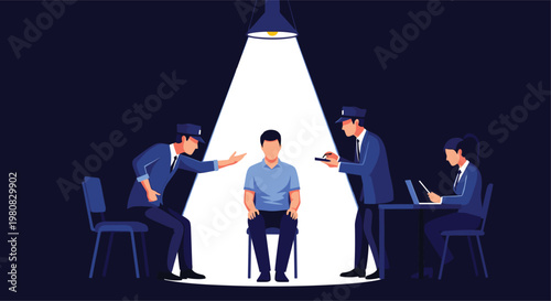 Man being interrogated by police officers under a bright spotlight in a dark room representing crime investigation and law enforcement procedures.