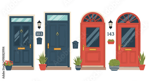 Set of four colorful house entrance doors in blue and red featuring door knockers and potted plants representing home architecture and design.
