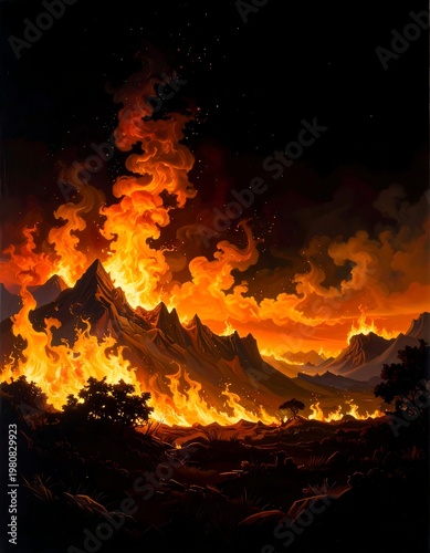 A fiery landscape with flames engulfing mountains
