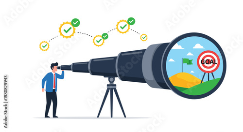 Visionary businessman looking through a giant telescope at a target goal on a hill representing future planning and long term business objectives.