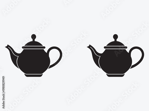 Two black teapots with lids and handles on light gray background  tea pots in simple silhouette style