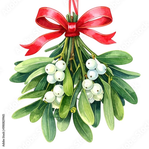 A festive bunch of mistletoe with red bow