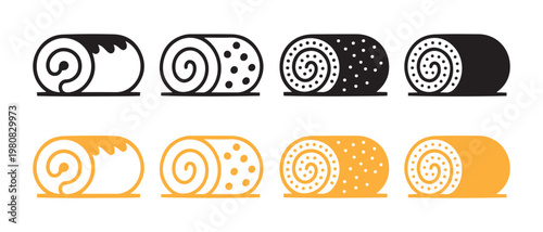 Swiss roll cake icons. black and white, filled with cream or jam, flat design vector illustration.