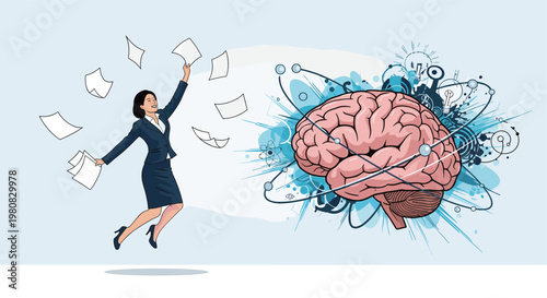Energetic businesswoman jumping for joy next to a large anatomical brain illustration representing creativity intelligence and mental health.