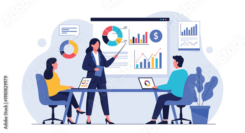 Business presentation featuring a woman explaining financial charts and pie graphs to a group of colleagues in a modern office environment.