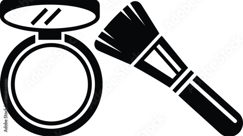 Black and white illustration of compact powder case with mirror and makeup brush symbolizing cosmetics, beauty, grooming, and personal care