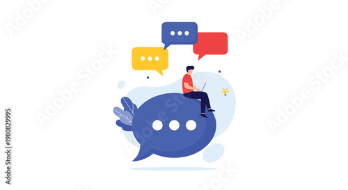 Man working on a laptop while sitting on top of a giant blue speech bubble representing social media communication and digital networking.