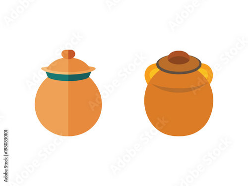 Two brown clay pots with lids on white background  clayware  ceramics  pottery  kitchenware