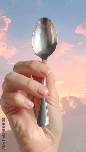 A hand holds a spoon against a pastel sky