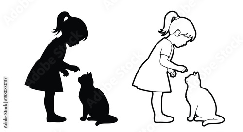 Two silhouettes of a child reaching down to interact with a kitten